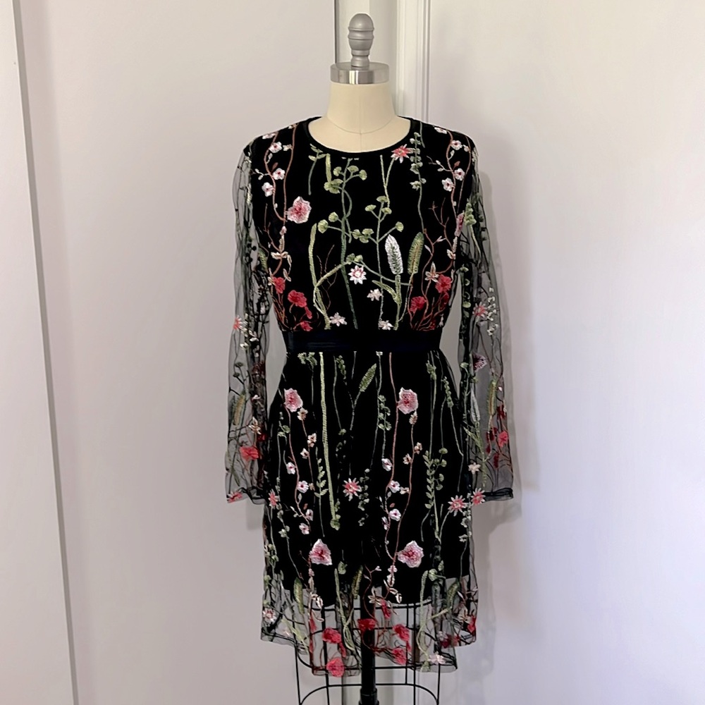Black long sleeve dress with embroidered floral print